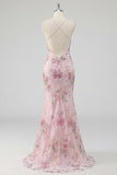 Mermaid Long Sparkly Pink Sequin Floral Prom Dress