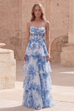 White Blue Flower A Line Corset Long Prom Dress with Ruffles