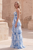 White Blue Flower A Line Corset Long Prom Dress with Ruffles