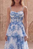 White Blue Flower A Line Corset Long Prom Dress with Ruffles
