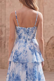 White Blue Flower A Line Corset Long Prom Dress with Ruffles