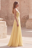 Strapless Yellow Appliqued A Line Long Prom Dress with Pleats