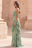 Sage Green Appliqued A Line Long Prom Dress with Ruffles