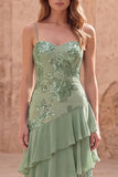 Sage Green Appliqued A Line Long Prom Dress with Ruffles