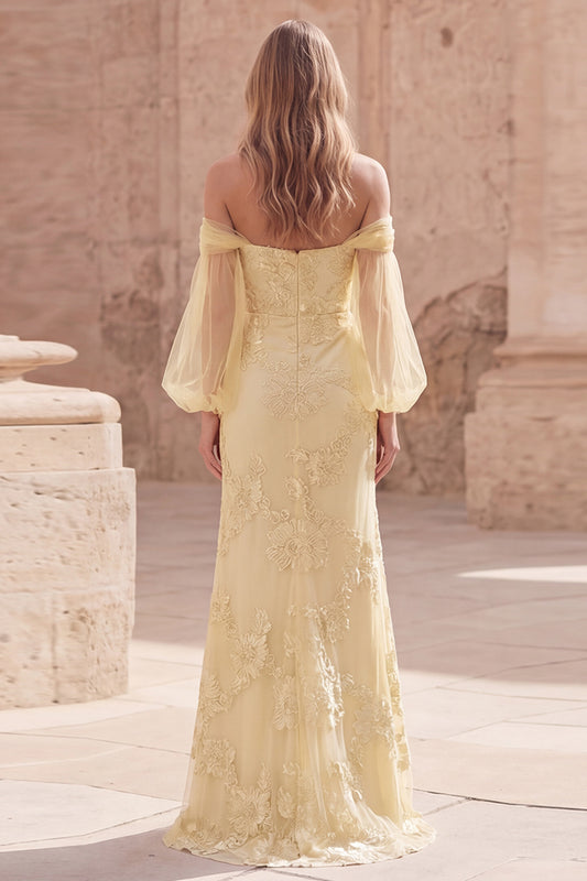 Mermaid Off the Shoulder Yellow Appliqued Long Prom Dress