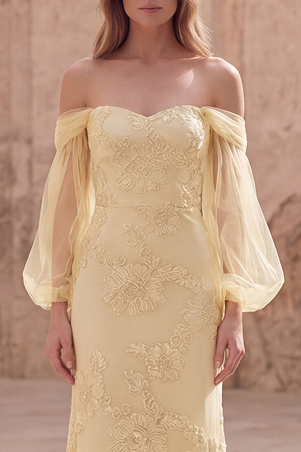 Mermaid Off the Shoulder Yellow Appliqued Long Prom Dress