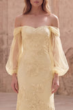 Mermaid Off the Shoulder Yellow Appliqued Long Prom Dress