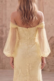 Mermaid Off the Shoulder Yellow Appliqued Long Prom Dress