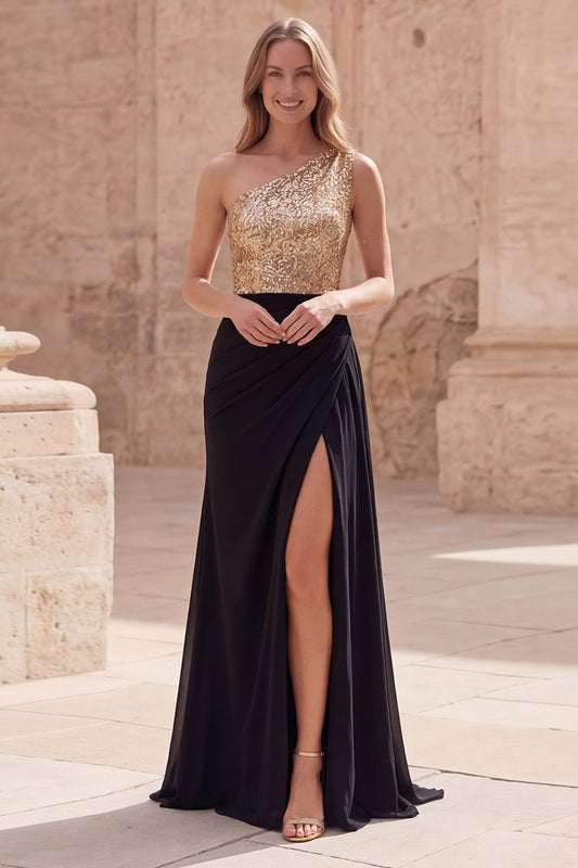 A Line Sparkly Gold and Black Sequin Long Prom Dress with Slit