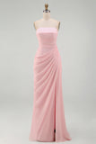 Light Pink Sheath Ruched Long Prom Dress with Slit