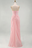 Light Pink Sheath Ruched Long Prom Dress with Slit