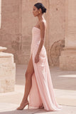 Light Pink Sheath Ruched Long Prom Dress with Slit