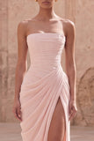 Light Pink Sheath Ruched Long Prom Dress with Slit