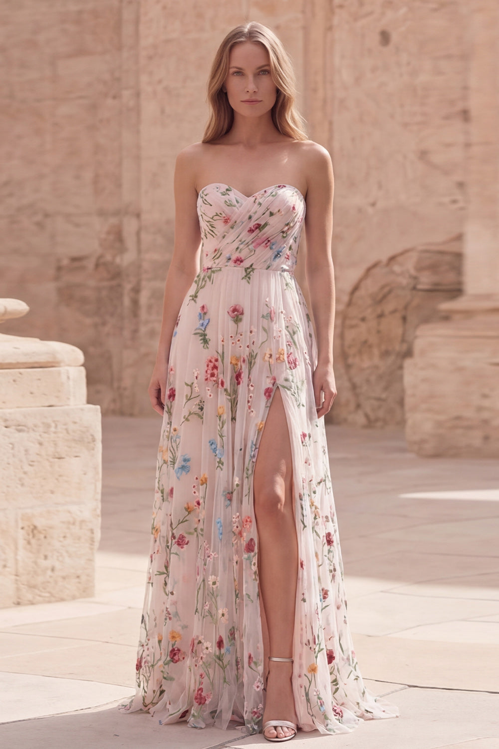 Ivory Flower A Line Ruched Strapless Long Prom Dress with Slit