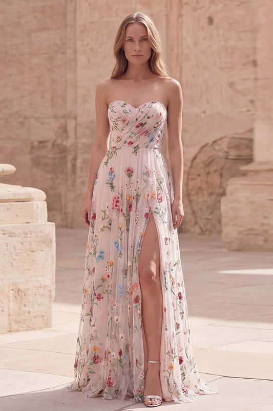 Ivory Flower A Line Ruched Strapless Long Prom Dress with Slit