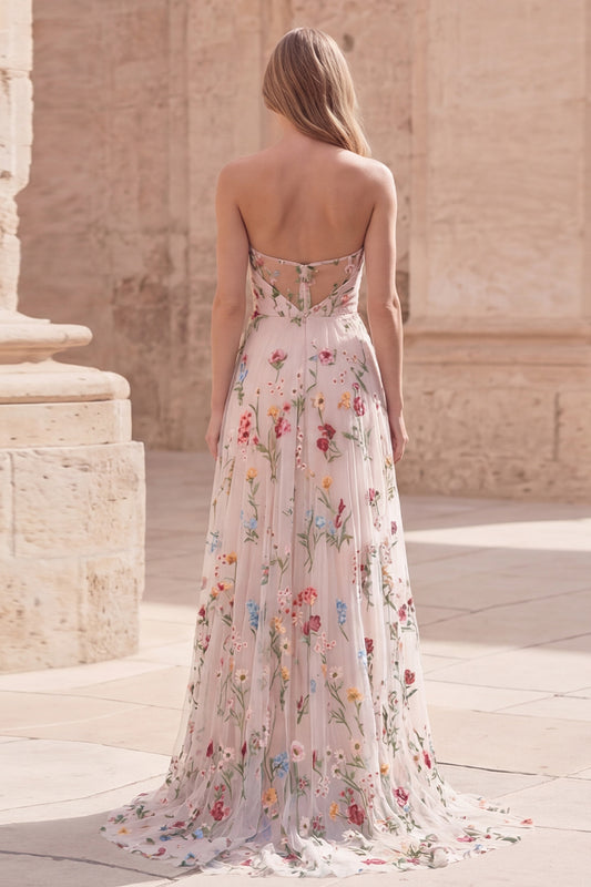 Ivory Flower A Line Ruched Strapless Long Prom Dress with Slit