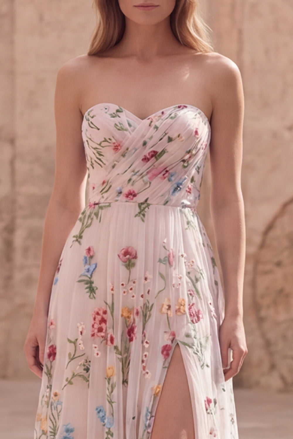 Ivory Flower A Line Ruched Strapless Long Prom Dress with Slit