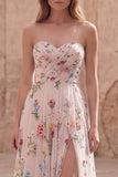 Ivory Flower A Line Ruched Strapless Long Prom Dress with Slit