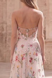 Ivory Flower A Line Ruched Strapless Long Prom Dress with Slit