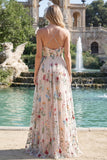 Spaghetti Straps Ivory Flower A Line Ruched Long Prom Dress with Slit