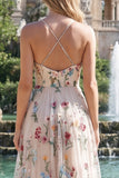 Spaghetti Straps Ivory Flower A Line Ruched Long Prom Dress with Slit