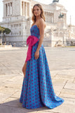 Blue A Line Strapless Long Polka Dots Prom Dress with Bow