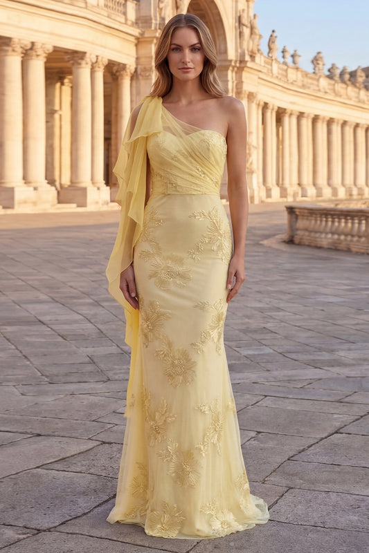 Appliqued Mermaid Long Yellow Prom Dress with Side Cape