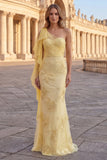 Appliqued Mermaid Long Yellow Prom Dress with Side Cape