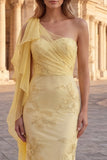 Appliqued Mermaid Long Yellow Prom Dress with Side Cape