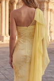 Appliqued Mermaid Long Yellow Prom Dress with Side Cape