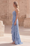 Dusty Blue Sheath Spaghetti Straps Long Prom Dress with Ruffles