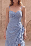 Dusty Blue Sheath Spaghetti Straps Long Prom Dress with Ruffles