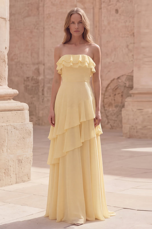Strapless Yellow A Line Long Prom Dress with Ruffles