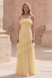 Strapless Yellow A Line Long Prom Dress with Ruffles