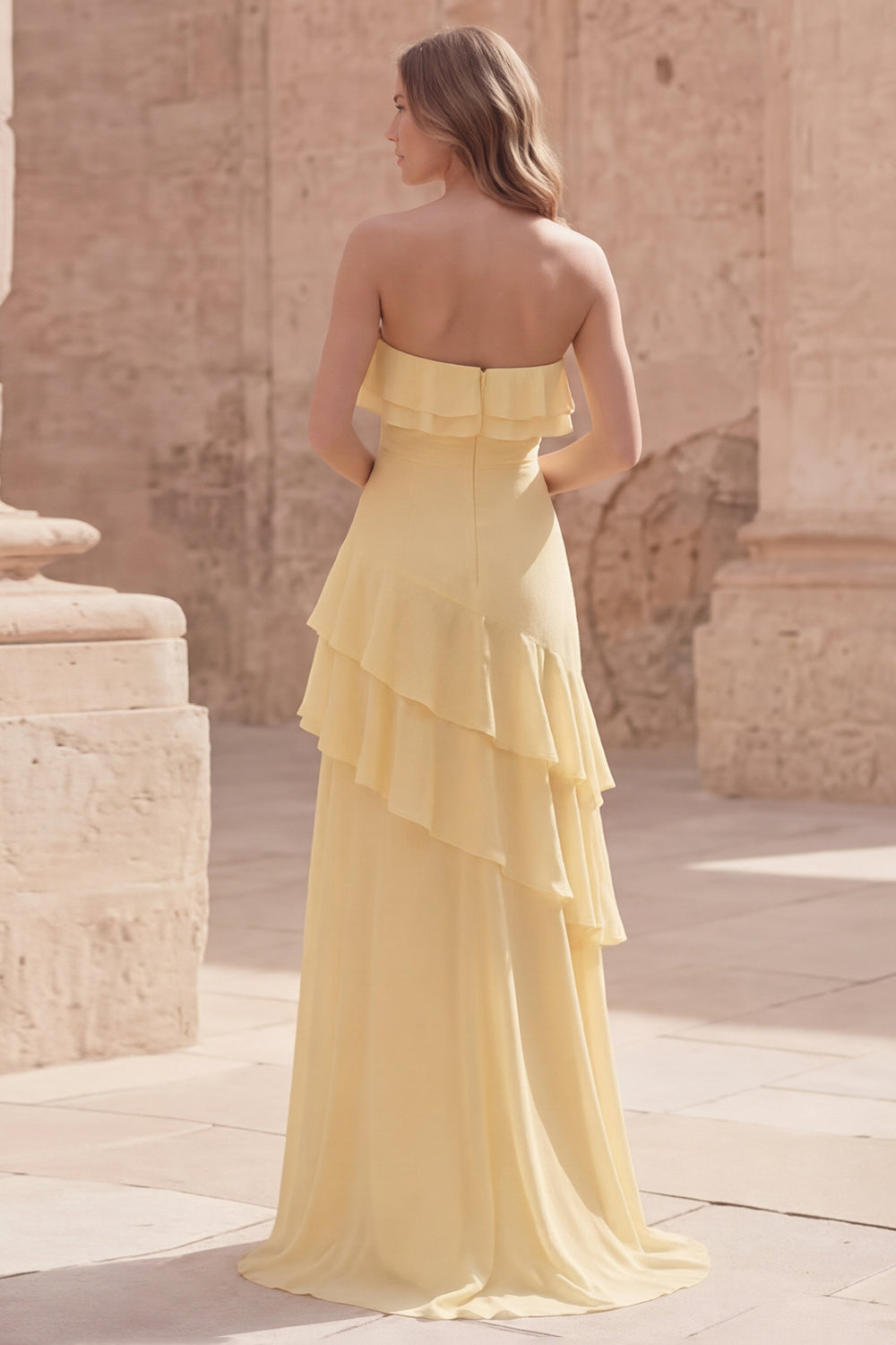 Strapless Yellow A Line Long Prom Dress with Ruffles