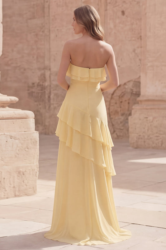 Strapless Yellow A Line Long Prom Dress with Ruffles
