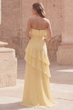 Strapless Yellow A Line Long Prom Dress with Ruffles