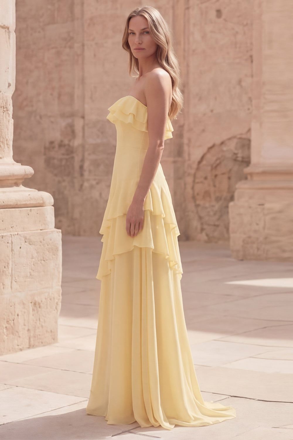Strapless Yellow A Line Long Prom Dress with Ruffles