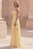 Strapless Yellow A Line Long Prom Dress with Ruffles