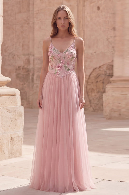 Pink Spaghetti Straps Floral A Line Long Prom Dress