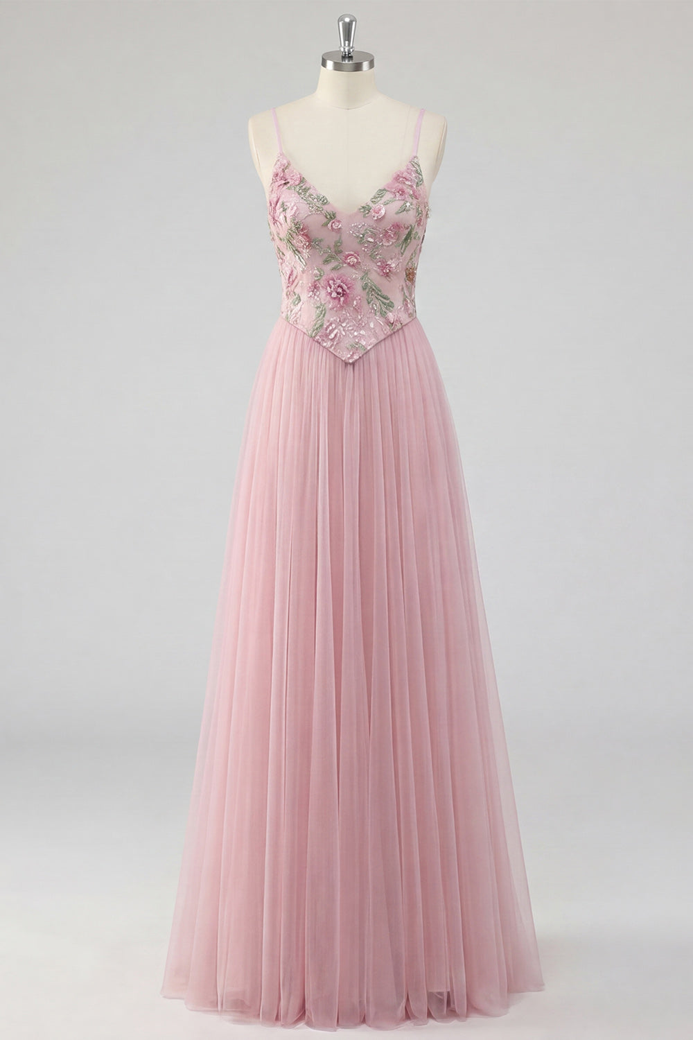 Pink Spaghetti Straps Floral A Line Long Prom Dress