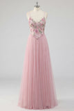 Pink Spaghetti Straps Floral A Line Long Prom Dress