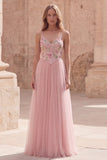 Pink Spaghetti Straps Floral A Line Long Prom Dress