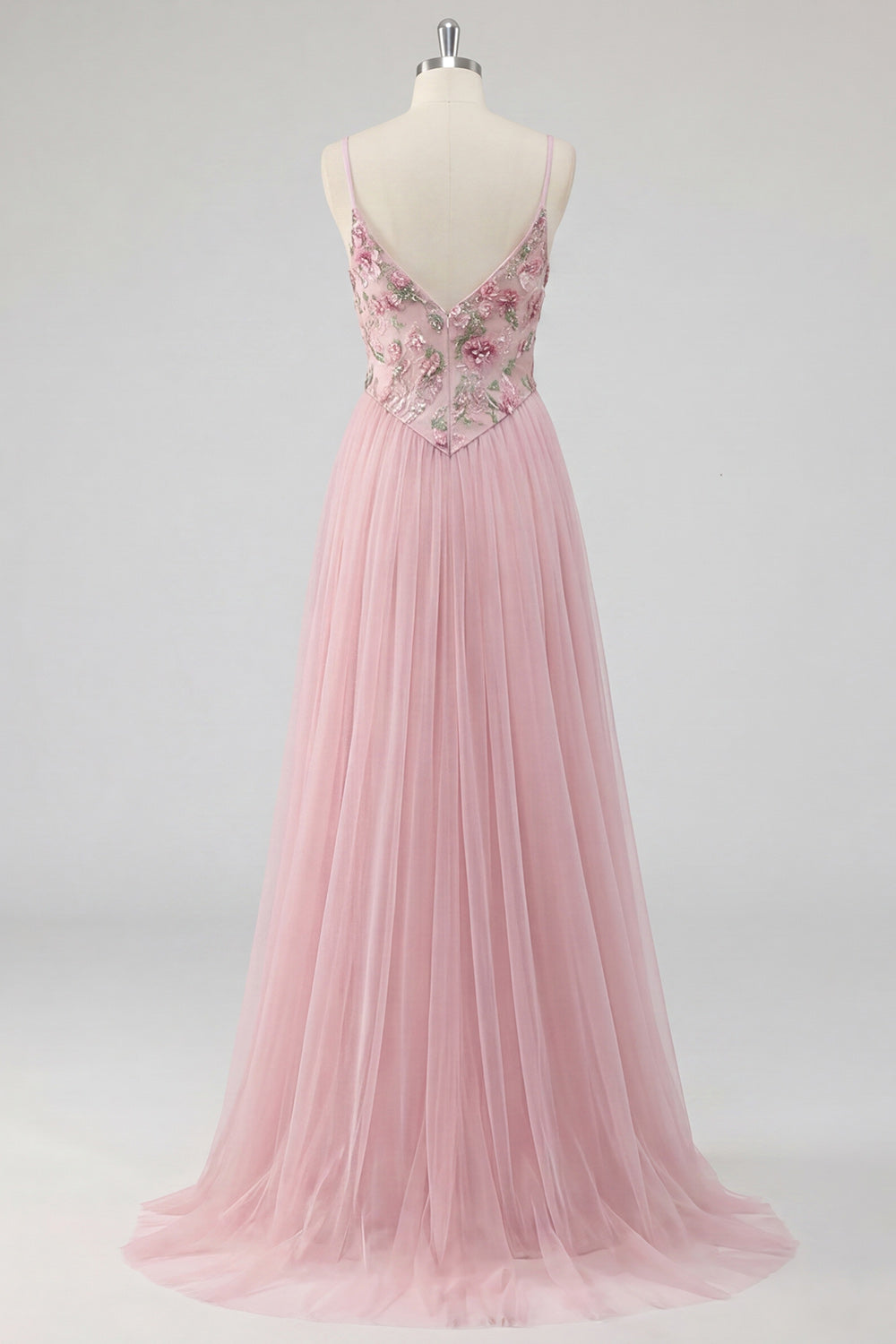 Pink Spaghetti Straps Floral A Line Long Prom Dress