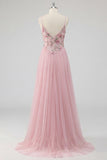 Pink Spaghetti Straps Floral A Line Long Prom Dress