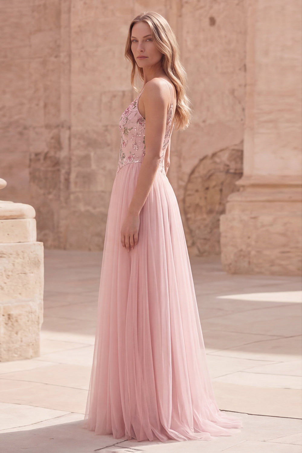 Pink Spaghetti Straps Floral A Line Long Prom Dress
