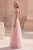 Pink Spaghetti Straps Floral A Line Long Prom Dress