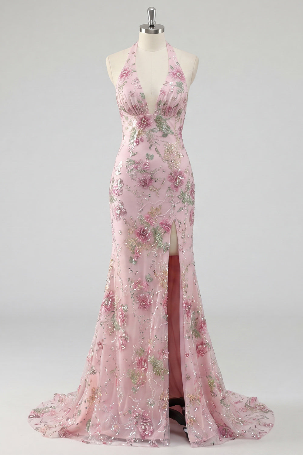 Sparkly Pink Floral Mermaid Long Sequin Prom Dress with Slit