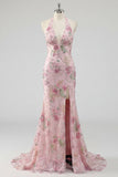 Sparkly Pink Floral Mermaid Long Sequin Prom Dress with Slit