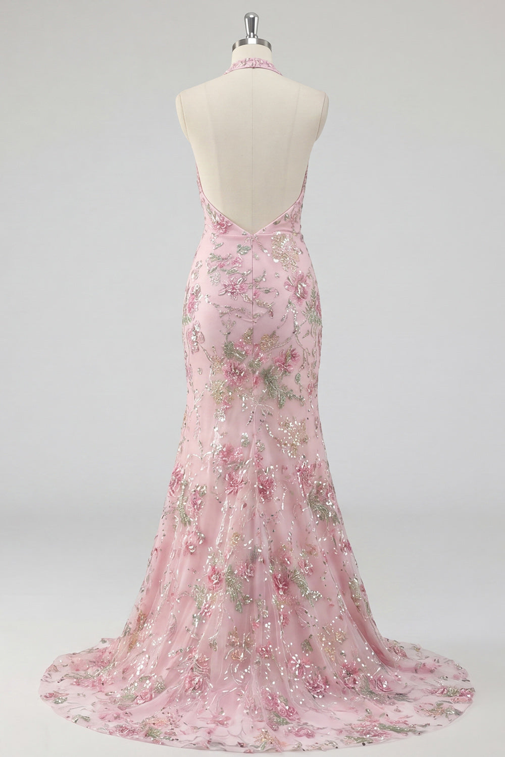 Sparkly Pink Floral Mermaid Long Sequin Prom Dress with Slit